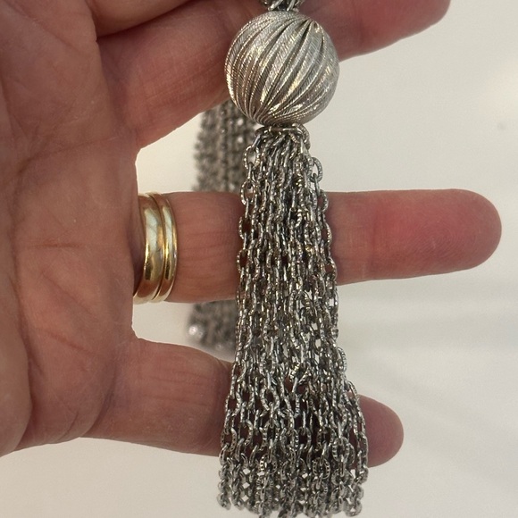 Vintage Trifari Silver Tone Multi-Strand Tassel Necklace Textured Ball Slider - Picture 3 of 8